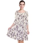 White And Brown Floral Wallpaper Flowers Background Pattern Quarter Sleeve Waist Band Dress