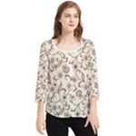 White And Brown Floral Wallpaper Flowers Background Pattern Chiffon Quarter Sleeve Blouse