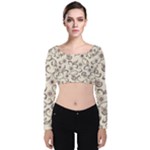 White And Brown Floral Wallpaper Flowers Background Pattern Velvet Long Sleeve Crop Top