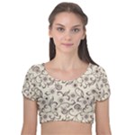 White And Brown Floral Wallpaper Flowers Background Pattern Velvet Short Sleeve Crop Top 