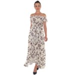 White And Brown Floral Wallpaper Flowers Background Pattern Off Shoulder Open Front Chiffon Dress