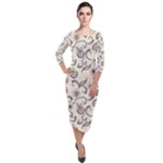 White And Brown Floral Wallpaper Flowers Background Pattern Quarter Sleeve Midi Velour Bodycon Dress
