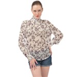 White And Brown Floral Wallpaper Flowers Background Pattern High Neck Long Sleeve Chiffon Top