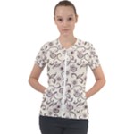 White And Brown Floral Wallpaper Flowers Background Pattern Short Sleeve Zip Up Jacket