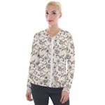 White And Brown Floral Wallpaper Flowers Background Pattern Velvet Zip Up Jacket