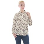 White And Brown Floral Wallpaper Flowers Background Pattern Women s Long Sleeve Pocket Shirt