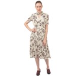 White And Brown Floral Wallpaper Flowers Background Pattern Keyhole Neckline Chiffon Dress