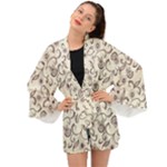 White And Brown Floral Wallpaper Flowers Background Pattern Long Sleeve Kimono