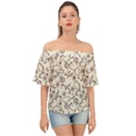 White And Brown Floral Wallpaper Flowers Background Pattern Off Shoulder Short Sleeve Top