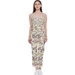 White And Brown Floral Wallpaper Flowers Background Pattern V-Neck Spaghetti Strap Tie Front Jumpsuit