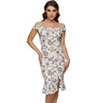 White And Brown Floral Wallpaper Flowers Background Pattern Off Shoulder Ruffle Split Hem Bodycon Dress