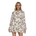 White And Brown Floral Wallpaper Flowers Background Pattern Round Neck Long Sleeve Bohemian Style Chiffon Mini Dress