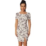 White And Brown Floral Wallpaper Flowers Background Pattern Fitted Knot Split End Bodycon Dress