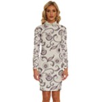 White And Brown Floral Wallpaper Flowers Background Pattern Long Sleeve Shirt Collar Bodycon Dress