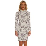 White And Brown Floral Wallpaper Flowers Background Pattern Long Sleeve Shirt Collar Bodycon Dress