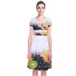 Variety Of Fruit Water Berry Food Splash Kiwi Grape Short Sleeve Front Wrap Dress