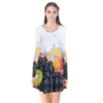 Variety Of Fruit Water Berry Food Splash Kiwi Grape Long Sleeve V-neck Flare Dress