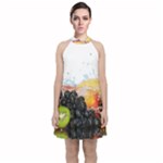 Variety Of Fruit Water Berry Food Splash Kiwi Grape Velvet Halter Neckline Dress 