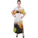 Variety Of Fruit Water Berry Food Splash Kiwi Grape V-Neck Boho Style Maxi Dress