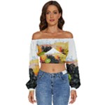 Variety Of Fruit Water Berry Food Splash Kiwi Grape Long Sleeve Crinkled Weave Crop Top