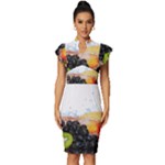 Variety Of Fruit Water Berry Food Splash Kiwi Grape Vintage Frill Sleeve V-Neck Bodycon Dress