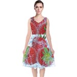 Red Strawberries Water Squirt Strawberry Fresh Splash Drops V-Neck Midi Sleeveless Dress 