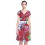 Red Strawberries Water Squirt Strawberry Fresh Splash Drops Short Sleeve Front Wrap Dress