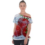 Red Strawberries Water Squirt Strawberry Fresh Splash Drops Off Shoulder Tie-Up Tee