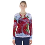 Red Strawberries Water Squirt Strawberry Fresh Splash Drops V-Neck Long Sleeve Top