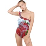 Red Strawberries Water Squirt Strawberry Fresh Splash Drops Frilly One Shoulder Swimsuit