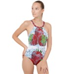 Red Strawberries Water Squirt Strawberry Fresh Splash Drops High Neck One Piece Swimsuit