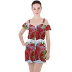 Red Strawberries Water Squirt Strawberry Fresh Splash Drops Ruffle Cut Out Chiffon Playsuit