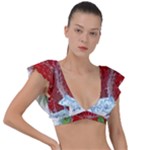 Red Strawberries Water Squirt Strawberry Fresh Splash Drops Plunge Frill Sleeve Bikini Top