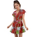 Red Strawberries Water Squirt Strawberry Fresh Splash Drops Flutter Sleeve Wrap Dress