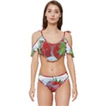 Red Strawberries Water Squirt Strawberry Fresh Splash Drops Ruffle Edge Tie Up Bikini Set	