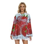 Red Strawberries Water Squirt Strawberry Fresh Splash Drops Round Neck Long Sleeve Bohemian Style Chiffon Mini Dress