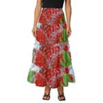 Red Strawberries Water Squirt Strawberry Fresh Splash Drops Tiered Ruffle Maxi Skirt