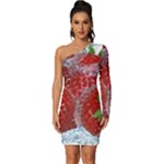 Red Strawberries Water Squirt Strawberry Fresh Splash Drops Long Sleeve One Shoulder Mini Dress