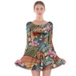 Multicolored Flower Decor Flowers Patterns Leaves Colorful Long Sleeve Skater Dress