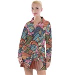 Multicolored Flower Decor Flowers Patterns Leaves Colorful Women s Long Sleeve Casual Dress