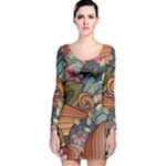 Multicolored Flower Decor Flowers Patterns Leaves Colorful Long Sleeve Velvet Bodycon Dress