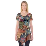 Multicolored Flower Decor Flowers Patterns Leaves Colorful Short Sleeve Tunic 