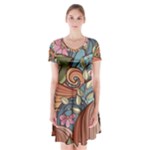 Multicolored Flower Decor Flowers Patterns Leaves Colorful Short Sleeve V-neck Flare Dress