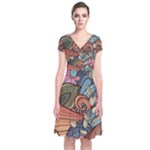 Multicolored Flower Decor Flowers Patterns Leaves Colorful Short Sleeve Front Wrap Dress