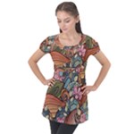 Multicolored Flower Decor Flowers Patterns Leaves Colorful Puff Sleeve Tunic Top