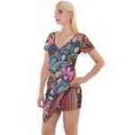 Multicolored Flower Decor Flowers Patterns Leaves Colorful Short Sleeve Asymmetric Mini Dress