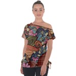 Multicolored Flower Decor Flowers Patterns Leaves Colorful Off Shoulder Tie-Up Tee