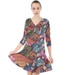 Multicolored Flower Decor Flowers Patterns Leaves Colorful Quarter Sleeve Front Wrap Dress