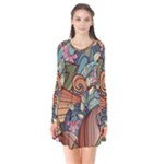 Multicolored Flower Decor Flowers Patterns Leaves Colorful Long Sleeve V-neck Flare Dress