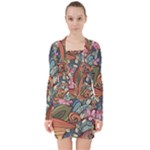 Multicolored Flower Decor Flowers Patterns Leaves Colorful V-neck Bodycon Long Sleeve Dress